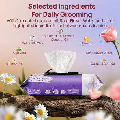 HICC PET Pet Cleaning Wipes for Dogs & Cats, Paws & Coat, 100 Count | Pearl-Textured, with Fermented Coconut Oil and Damask Rose, for Face and Rear-End Cleaning after Walks or between Baths3