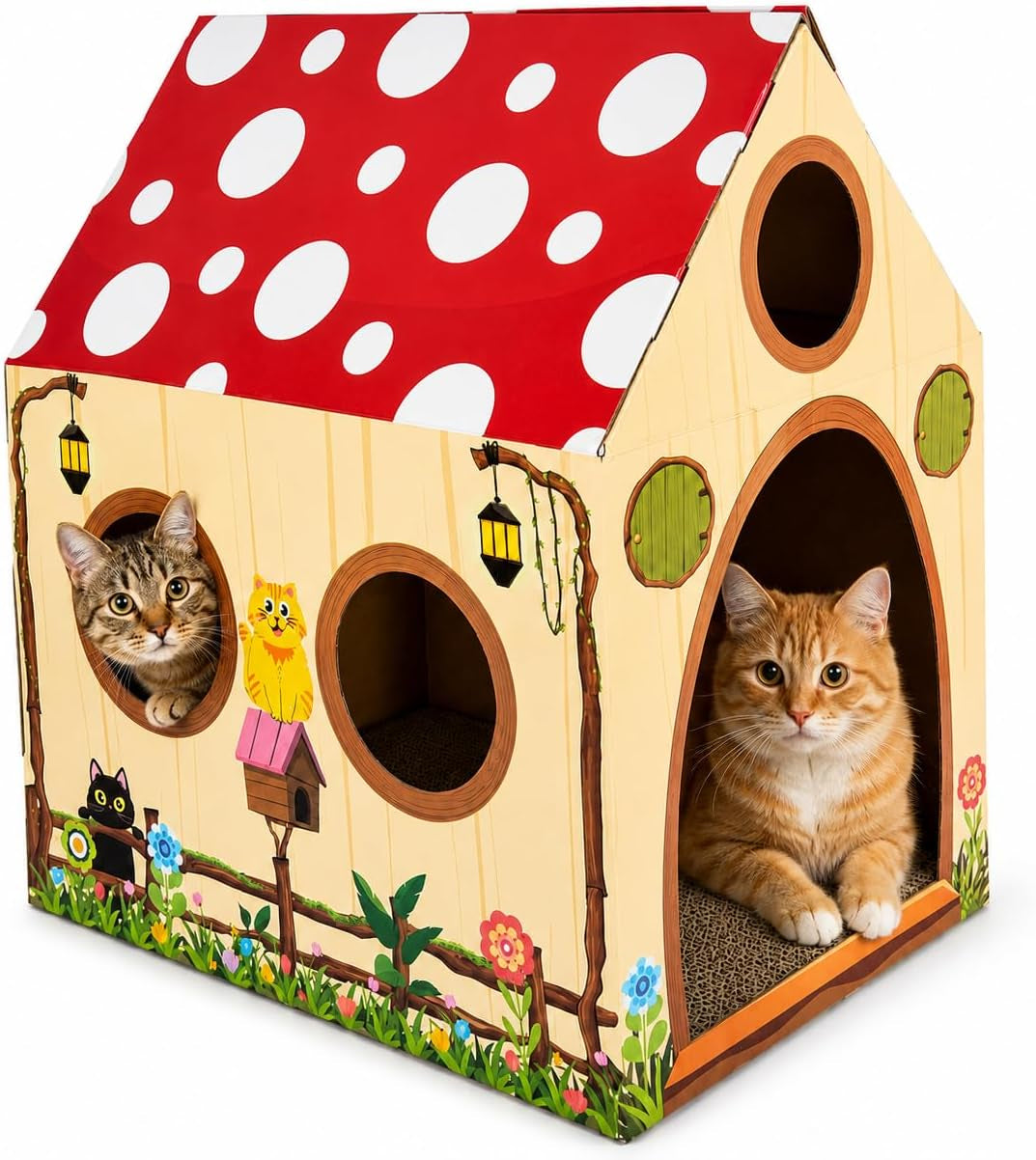 cinrobiye-cardboard-cat-house-with-scratcher-indoor-cat-condo-cat-cave-hideout-with-scratch-pad-cardboard-cat-playhouse-bed-for-cats-kittens-rabbits-small-pets-mushroom