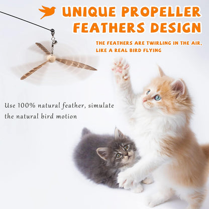 JXFUKAL Cat Wand Toys, Interactive Cat Toys with 3 Feather Refills, 29'' Flexible Steel Wire, Sturdy Wood Handle & Bell for Kitty Kitten, Cat Toys for Indoor Cats Teaser Cat String Toy2
