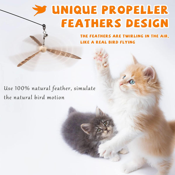 JXFUKAL Cat Wand Toys, Interactive Cat Toys with 3 Feather Refills, 29'' Flexible Steel Wire, Sturdy Wood Handle & Bell for Kitty Kitten, Cat Toys for Indoor Cats Teaser Cat String Toy2