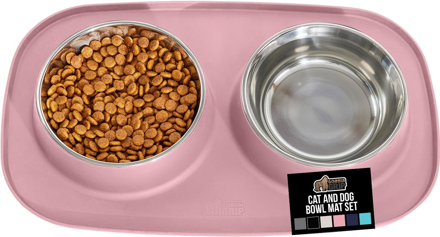 gorilla-grip-patented-dog-bowl-set-with-slip-resistant-silicone-feeding-mat-food-grade-304-stainless-steel-bowls-bpa-free-high-edge-spill-containment-dishwasher-safe-finger-notch-removal-2-cup-gray