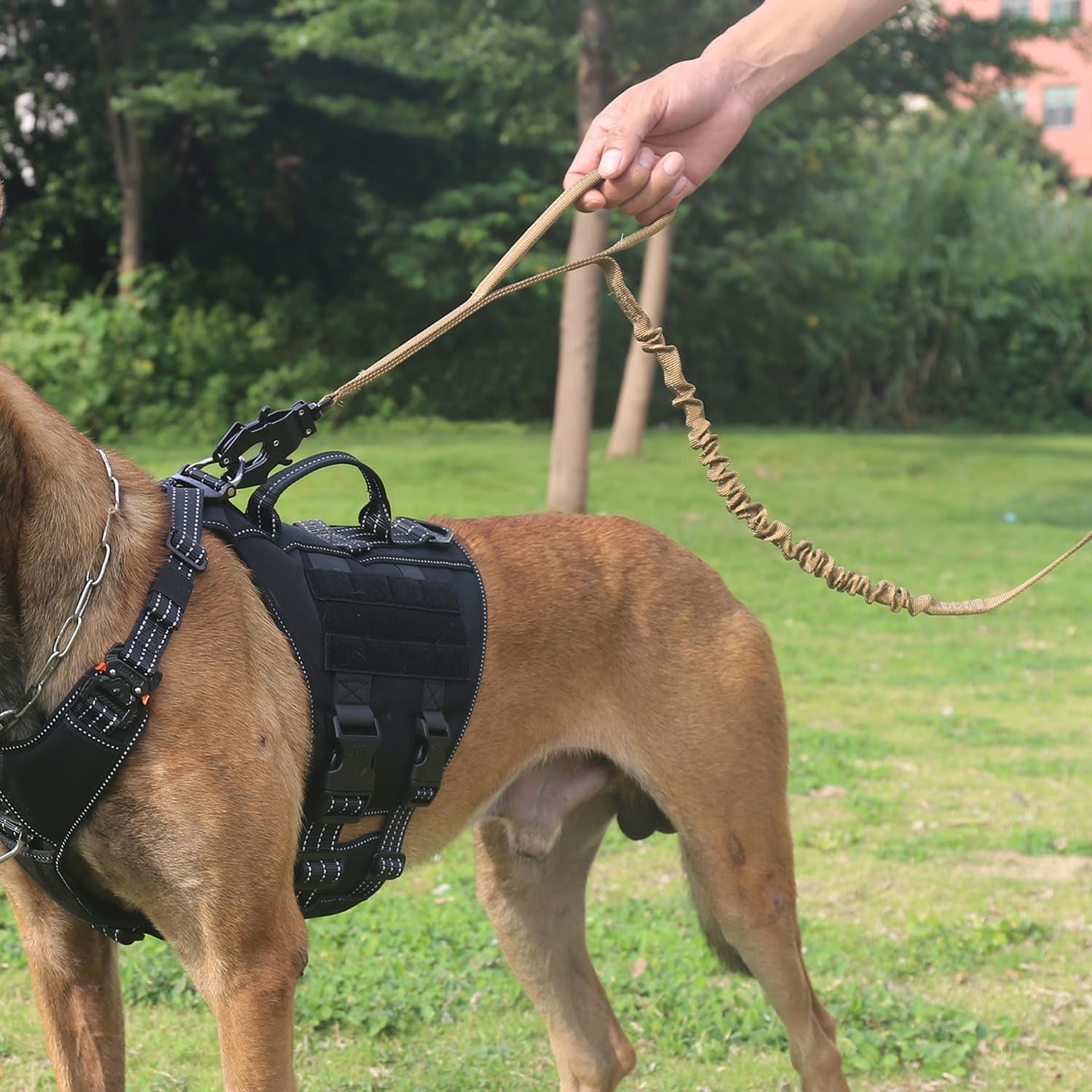 icefang-tactical-dog-leash-with-quick-release-metal-clasp-bungee-dog-lead-with-2-control-handles-hands-free-d-ring-reflective-4ft-length-for-medium-large-dogs-brown
