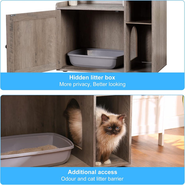 Hey-Brother Cat Tree Tower, Food Station, XL Litter Box Enclosure, MPJ101SG | 48.81 Inches Wooden All-In-One Cat Furniture, Large Hammock, Bed, Scratching Posts, Big Basket for Indoor Cats, Rustic Gray7