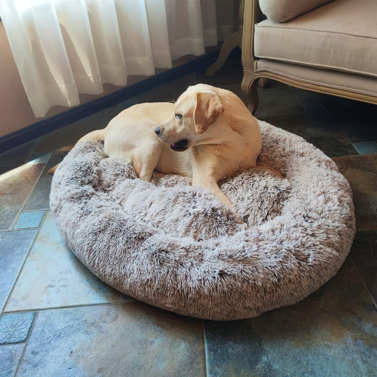 coohom-oval-calming-donut-cuddler-dog-bed-shag-faux-fur-cat-bed-washable-round-pillow-pet-bed30-36-43-for-medium-dogs-xl36x27x7-light-brown