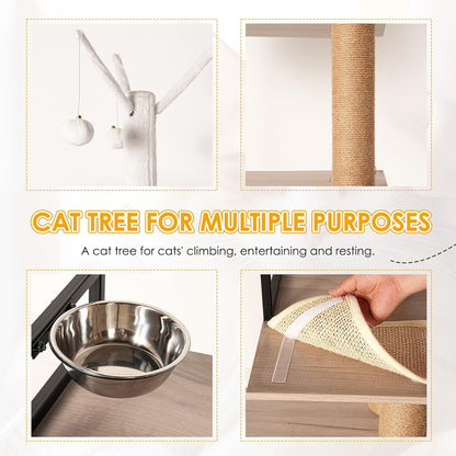 Cat Tree & Litter Box Enclosure,Modern All-In-One Indoor Cats Tower with Large Platform, Cat Condo with Wood House, Food Station, Hammocks (23.6”)7