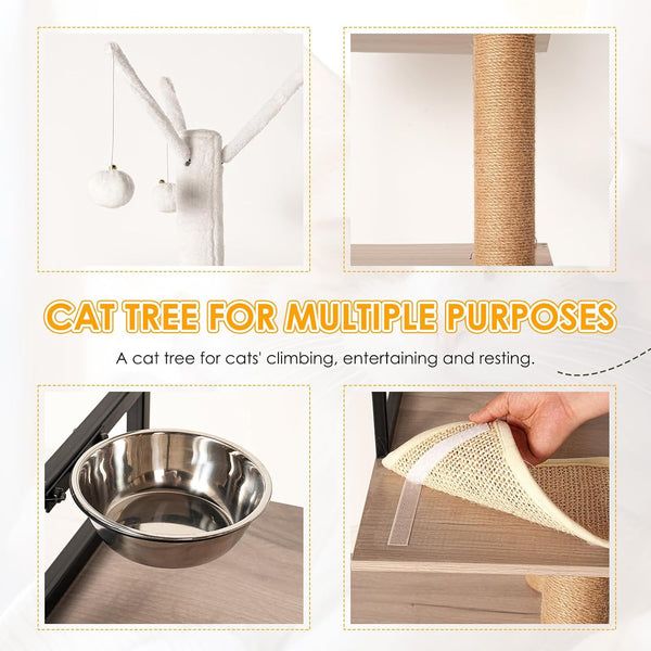 Cat Tree & Litter Box Enclosure,Modern All-In-One Indoor Cats Tower with Large Platform, Cat Condo with Wood House, Food Station, Hammocks (23.6”)7