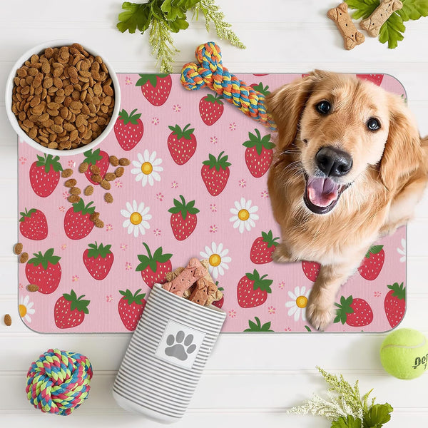 Cute Strawberry Flower Dog Cat Food Mat,Pink Absorbent Pet Feeding Mat with Rubber Backing,Non-Slip Water Bowl Placemat,Indoor Pet Accessories Supplies 12"X20"7