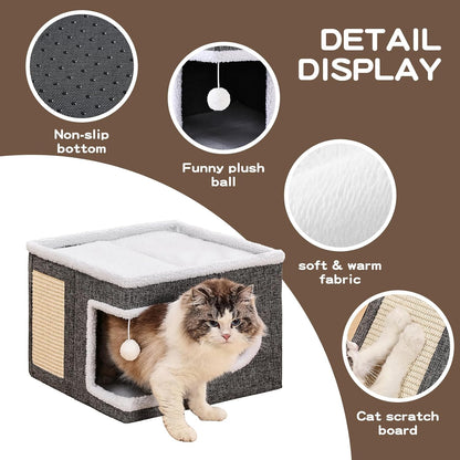 Large Cat Houses for Indoor Cats with Fluffy Ball and Scratch Pad | Foldable Cat Bed Cave for Multiple Pets, Kitten Bed for All Seasons, Non-Slip, Hold up to 30LBS, 16X16X13Inch, Grey7