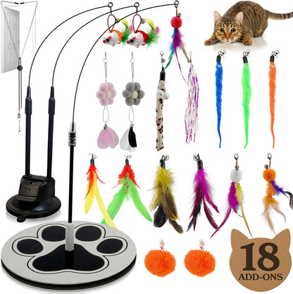 18-Piece Interactive Cat Toys for Indoor Cats, Cat Stuff Heavy Duty Self-Holding Floor Base & Suction Cup - Durable Feather Wand Bird Simulation Self Play Kitten Toys for Bored Adult Cats Juguete Gato1