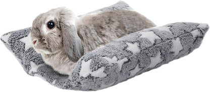 MEWTOGO 15.7" X 14" Bunny Bed for Rabbit Cage - Thickened Soft Prevent Sore Hocks Plush Mat with Cotton Lounger Pillows, Small Animal Flop Mat for Hutch Sleeping Indoor, Gray-Star1