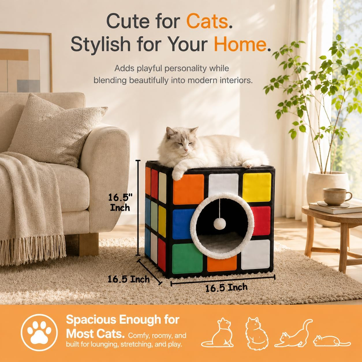 cat-condo-house-with-reversible-cushions-and-fluffy-ball-hanging-foldable-magic-cube-large-cave-bed-for-indoor-cats-unique-puzzle-shape-lagre-16-5-x-16-5-x-16-5