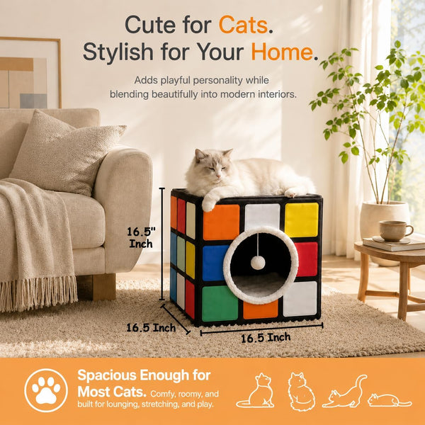 Cat Condo House with Reversible Cushions and Fluffy Ball Hanging, Foldable Magic Cube, Large Cave Bed for Indoor Cats, Unique Puzzle Shape Lagre 16.5“ X 16.5" X 16.5”6