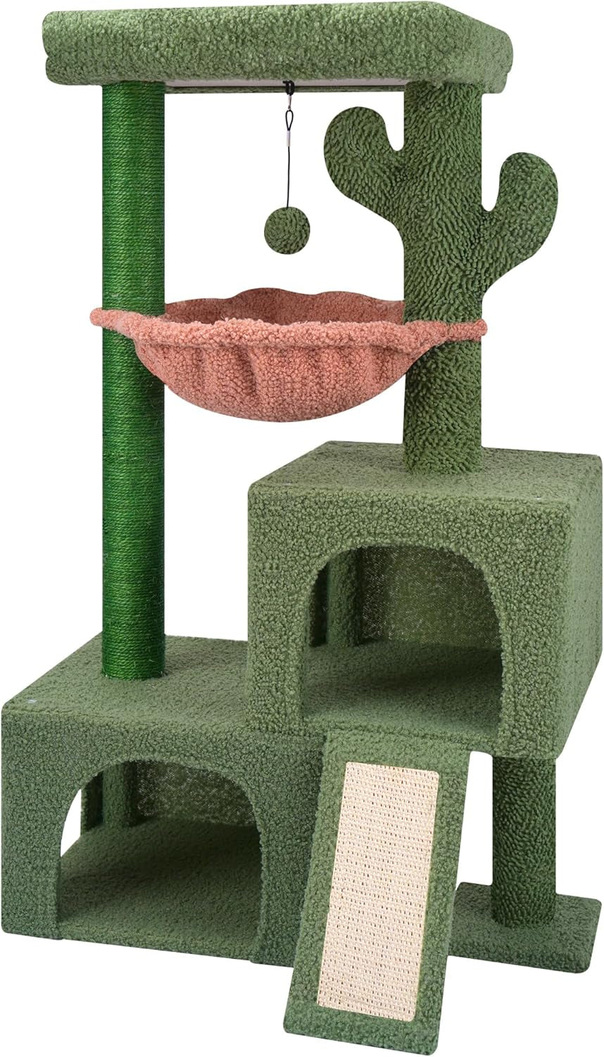aiwikide-37-4-cactus-cat-tree-tower-with-twin-cat-condos-for-indoor-cats-all-in-one-activity-center-with-cat-scratching-post-cozy-sleeping-perch-hammock-and-toy-balls-green