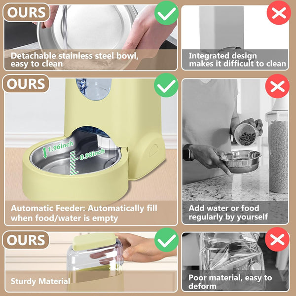 HWONMTE Portable Automatic Cat Feeder and Water Dispenser with Stainless Steel Bowl Dog Gravity Food Feeder and Waterer for Small Medium Pets Puppy Kitten 1 Gallon X 2 (Cream Yellow)4