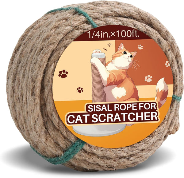 Sisal Rope for Cat Scratcher 1/4" 100 Ft Cat Tree Twine for Repairing Cat Scratching Post Replacement DIY Hemp Rope for Carpet Mat, Pet, and Crafts Gardening Home Decorating18