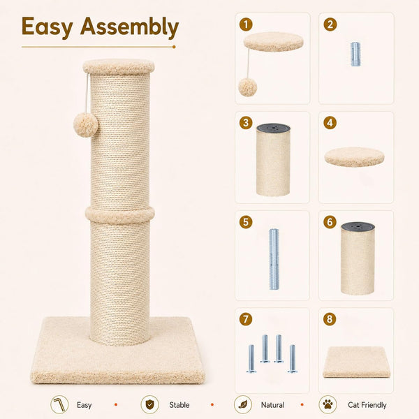 PAWSCRAT 32-Inch Tall Cat Scratching Post, 5.5-Inch Diameter, Sisal, Beige | Natural Sisal Scratching Surface with a Dangling Ball for Indoor Cats, Scratch-Resistant Durable and Protect Your Furniture7