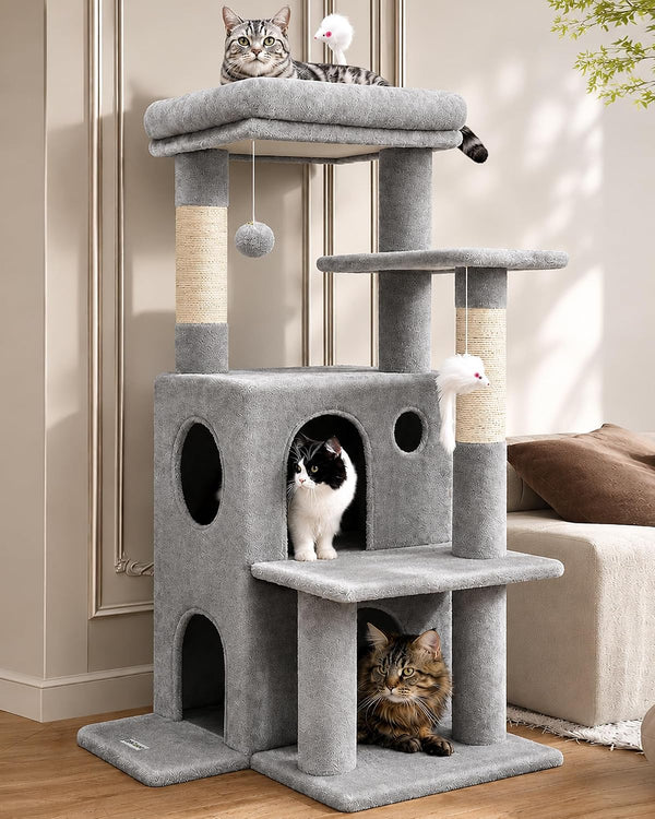 Globlazer Cat Tree Tower for Indoor Cats, 50-Inch Adult Cat Tree House for Large Adult Cats with Steps, Scratching Post, 2 Cat Caves, Dangling Toys, FC50, Light Grey1