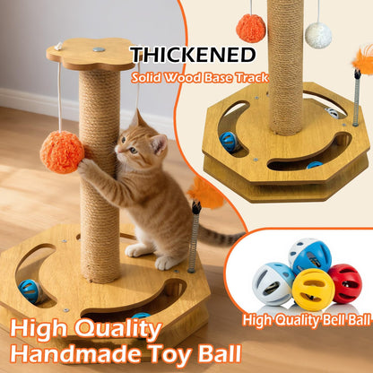 Cat Scratching Post with Vertical Scratcher and Tracking Interactive Toy for Kittens,4 in 1 Cat Scratcher Toy with Cat Ball Tracks,16.6" Tall with Interactive Feather3