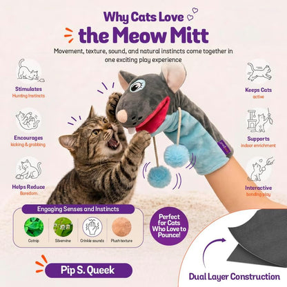 Pounce & Purr Meow Mitt Wearable Cat Wrestling Glove Puppet - Mouse | Catnip & Silvervine Plush Hand Puppet, Crinkle Sounds & Wiggling Arms - Dual-Layer Interactive Toy, Indoor Cats & Kitten5