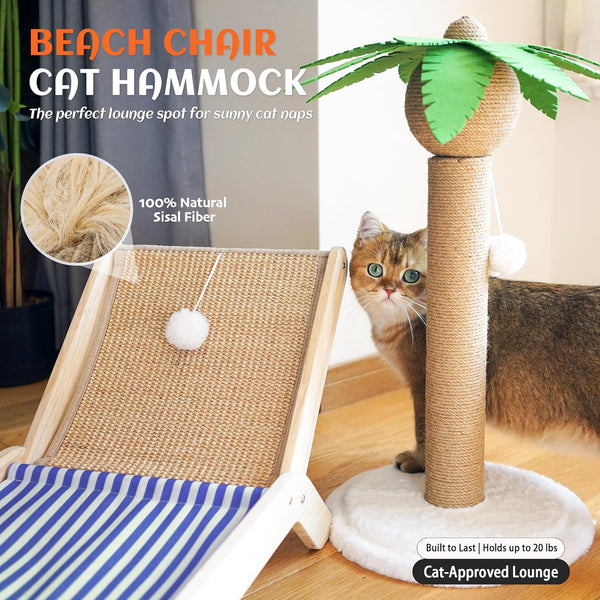 PETKARAY Beach Chair Cat Hammock, Elevated Cat Beds for Indoor Cats, Original Cozy Lounger with Sisal Scratcher and Toy Ball2