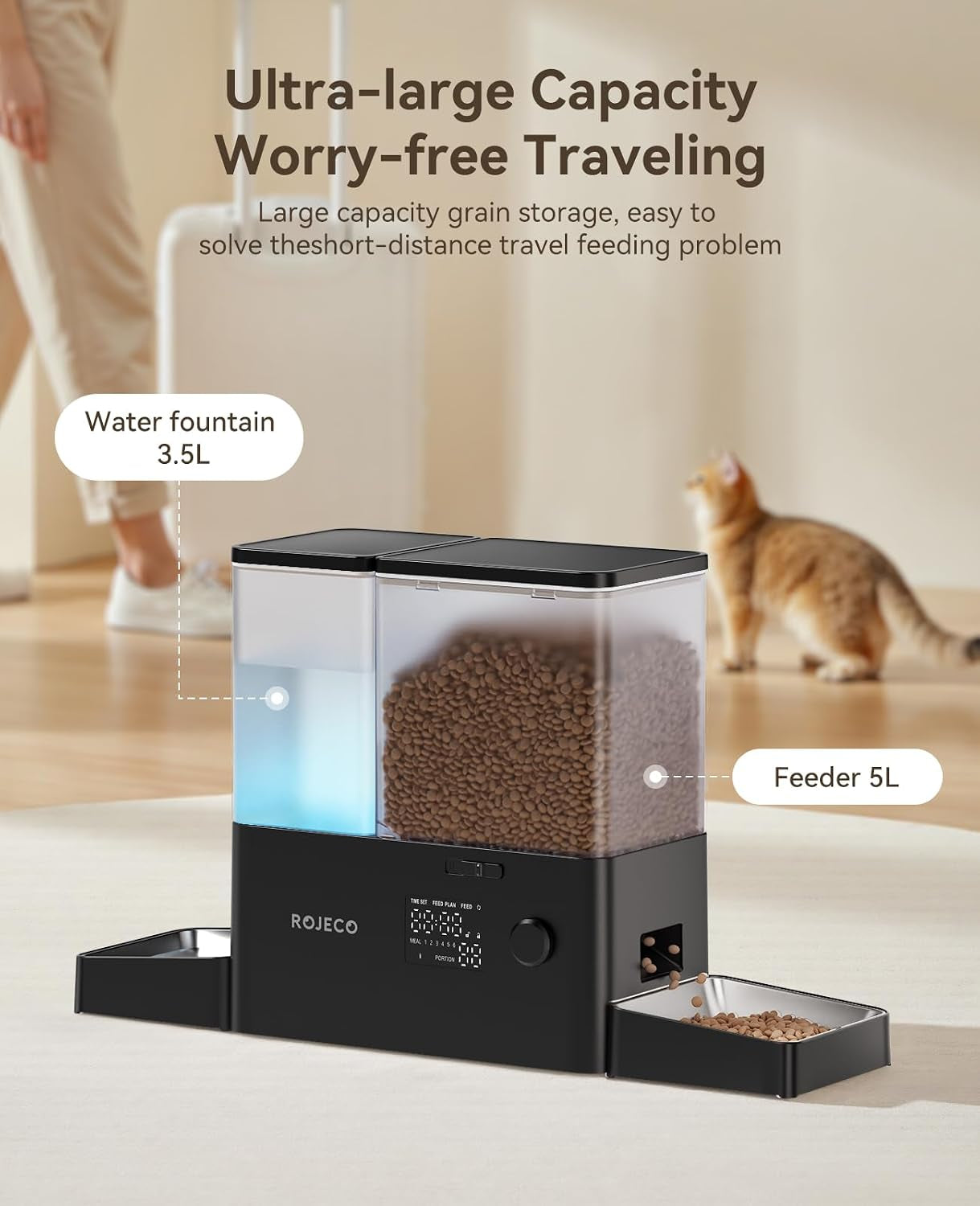 rojeco-36cups-8-5l-pet-automatic-cat-feeder-and-gravity-water-dispenser-stainless-steel-bowls-2-in-1-set-large-capacity-5l-food-feeder-and-3-5l-water-fountain-for-cats-pets-small-dogs-black