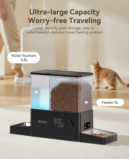Rojeco 36Cups/8.5L Pet Automatic Cat Feeder and Gravity Water Dispenser,Stainless Steel Bowls 2-In-1 Set Large Capacity 5L Food Feeder and 3.5L Water Fountain for Cats,Pets,Small Dogs,Black6