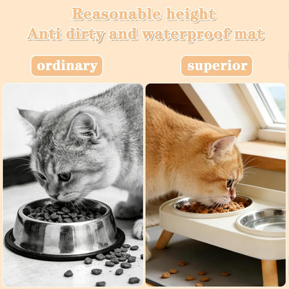 Elevated Cat Bowls with Food Mat, Splash Proof anti Vomiting Raised Cat Food and Water Bowl Set, 2 Stainless Steel Dishes for Cats and Puppy, Pet Bowl for Indoor Cats White2
