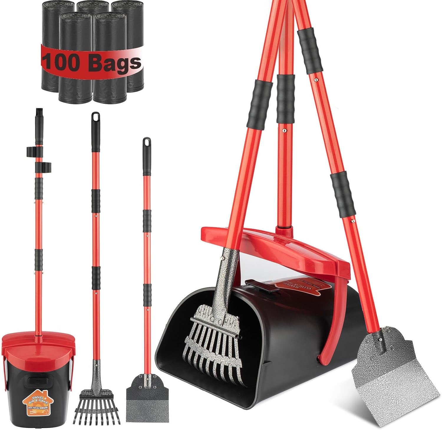 huzsv-dog-pooper-scooper-with-bag-attachment-swivel-bin-heavy-duty-metal-rake-and-spade-set-non-breakable-poop-scoop-for-large-small-dogs-100-waste-bags-for-grass-dirt-gravel