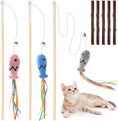 Natural Wood Cat Wand Toy with Ribbon Fish Teaser - 3Pcs, 16 Inch, Indoor Cat Exerciser & Playing Kitten Toy, Bonus 5Pcs Catnip Sticks for Teeth Cleaning1