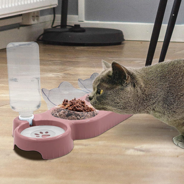 Triple Cat Bowls,15°Tilt 3-In-1 Water Feeder Bowls Cat Double Food Bowls with Automatic Water Bottle Bowl, Whisker Friendly Wet and Dry Cat Elevated Feeding Dishes for Small Cat and Puppy (Pink)7