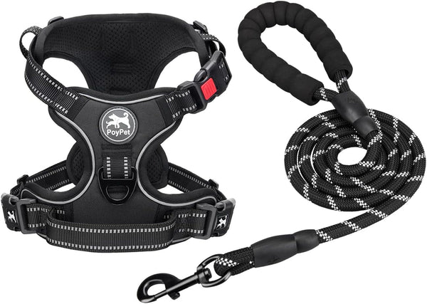 Poypet No Pull Dog Harness and 5 Feet Leash Set, Release on Neck Reflective Adjustable Pet Vest, Front & Back 2 D-Ring and Soft Padded Pet Harness with Handle for Small to Large Dogs(Grey,L)16