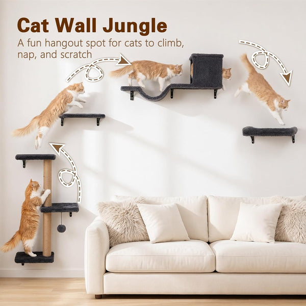6-In-1 Cat Wall Shelves for Indoor Cats, Wall Mounted Furniture with Bed, Cave, Perch & Scratching Post, Multi-Level Climbing System, Space-Saving Playground, Natural Wood Gray2
