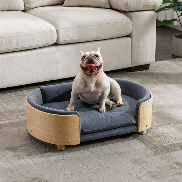 Elevated Dog Bed Pet Sofa with Solid Wood Legs and Bent Soft Backrest, Pet Cat Stool Bed with Velvet Cushion,For Small and Medium Size Dogs Kitten, Mid Size1