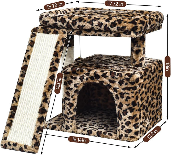 Small Leopard Print Cat Tree for Indoor Cats | Short Tower with Scratching Post, Ramp Pad, Condo with Perch Bed, Kittens Play House, Hanging Plush Ball & Cave for Resting (Leopard Print)3