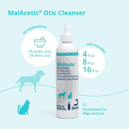 Malacetic Otic Cleanser for Dogs and Cats, 8 Fl Oz | Cleansing, Drying; 2% Boric Acid; 2% Acetic Acid; Packaging May Vary3