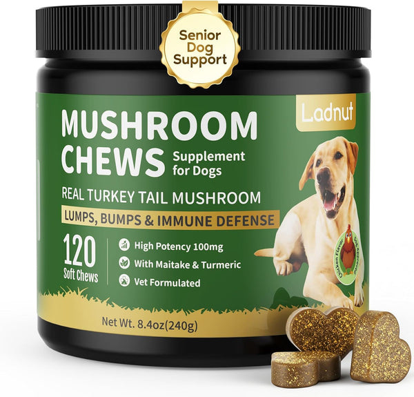 Turkey Tail Mushroom for Dogs,Senior Dog Supplement for Lumps, Bumps & Lipoma,Soft Chews with Reishi, Maitake, Turmeric & Astragalus,Supports Immune Health,Natural Chicken Flavor, 120 Count1
