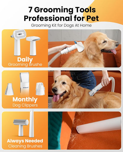 Oneisall Dog Grooming Vacuum Kits with Clipper | Exatra Large 3L Dust Cup,13Kpa 3 Suction,Clipper,Nail Grinder & Shedding Brush 7 in 1 Grooming Kits,Low Noise,Bm32