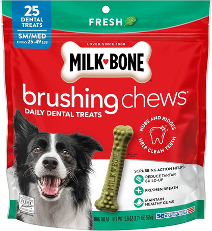 Milk-Bone Brushing Chews, Small/Medium, Fresh Flavor, 25 Dental Treats | 19.6-Oz. Bag, Daily Dental Dog Treats, for Dogs 25-49 Lbs., Fresh Mint Flavor11