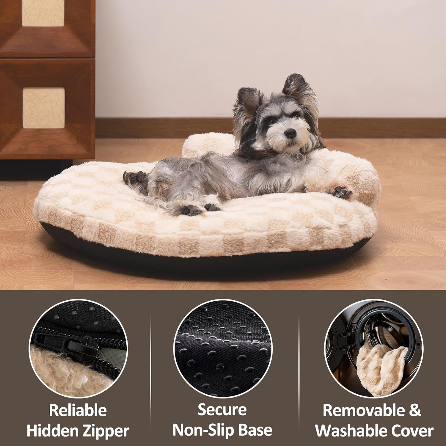 orthopedic-dog-bed-for-small-dogs-and-cats-beige-oval-30x25x7-calming-pillow-pet-couch-sofa-removable-washable-cover-oval-3d-checkered-plush-indoor