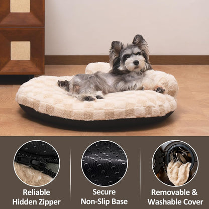 Orthopedic Dog Bed for Small Dogs and Cats Beige Oval 30X25X7 | Calming Pillow Pet Couch Sofa, Removable Washable Cover, Oval 3D Checkered Plush, Indoor6