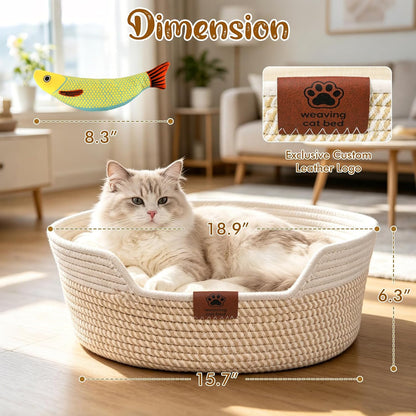 XPIY Stimulicat Handwoven Cat Basket with Fish Toy, Instinct Kitten Bed | Made of Natural Cotton Rope with a Washable Cushion. Breathable, Scratch-Resistant Pet Nest for Year-Round Comfort2