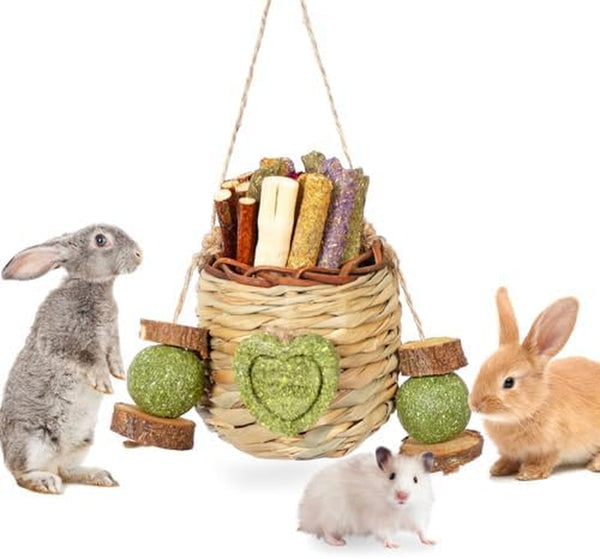 Jorewood Rabbit Chew Toys,Natural Hanging Basket with Sweet Bamboo,Timothy Hay,Peach Sticks for Bunny Chinchillas Guinea Pigs Hamsters Rats Teeth Grinding1