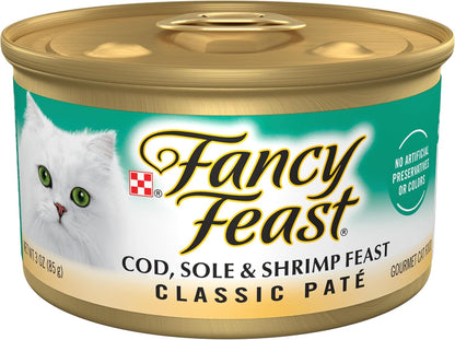 Purina Fancy Feast Cod, Sole and Shrimp Feast Classic Grain Free Wet Cat Food Pate - (Pack of 24) 3 Oz. Cans1