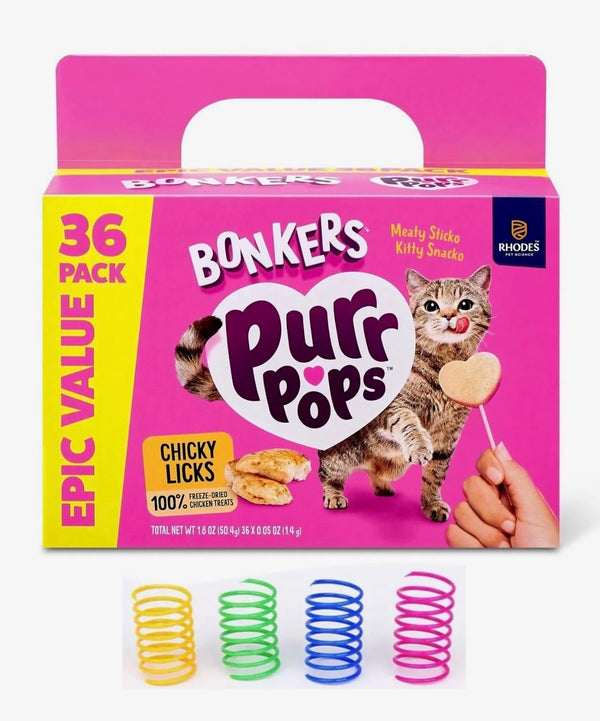 Bonkers Purrpops, Freeze Dried Chicken Flavored Lollipop Cat Treats, 36 Pk with Cat Spring Toys Bundle Pack!1