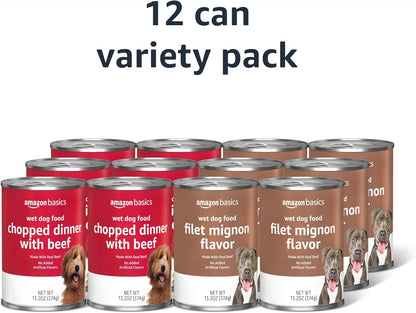 Amazon Basics Chopped Ground Dinner Wet Dog Food Variety Pack, Filet Mignon Flavor and with Beef, Made with Natural Ingredients, 13.2Oz Cans (Pack of 12)2