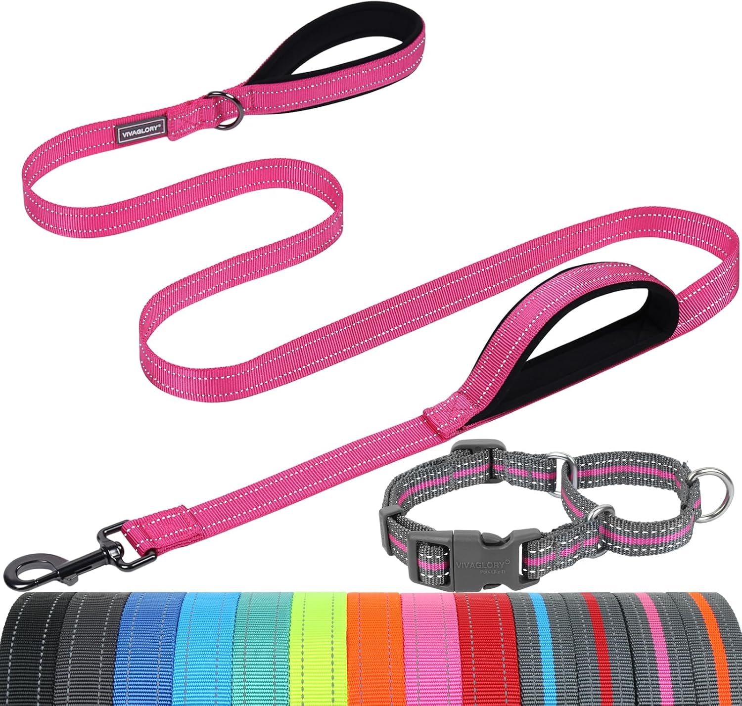 vivaglory-double-handle-dog-leash-twingrip-6ft-x-1in-navy-dog-leash-for-collar-with-traffic-handle-2-loop-for-walking-training-traffic-control-reflective-heavy-duty-puppy-pet