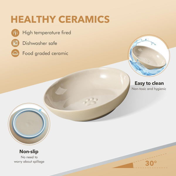 Havniva Elevated Cat Bowls, Cat Food and Water Bowl Set, Ceramic Cat Bowl | Raised Cat Food Bowls, Whisker Friendly, 5.6” Shallow Cat Dishes + 6” Wide Cat Plates, Non-Slip Wood Stand, Two Heights3