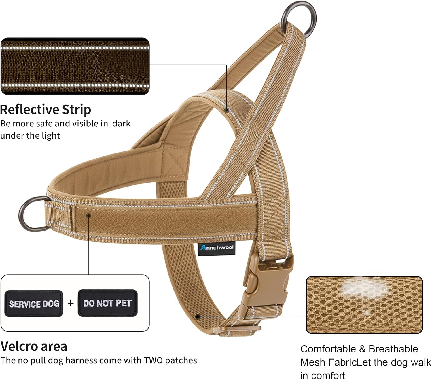 annchwool-no-pull-dog-harness-heavy-duty-reflective-collar-leash-set-leash-with-double-handle-car-seatbelt-clip-easy-control-for-walking-training-medium-large-size-dogsbrown-l
