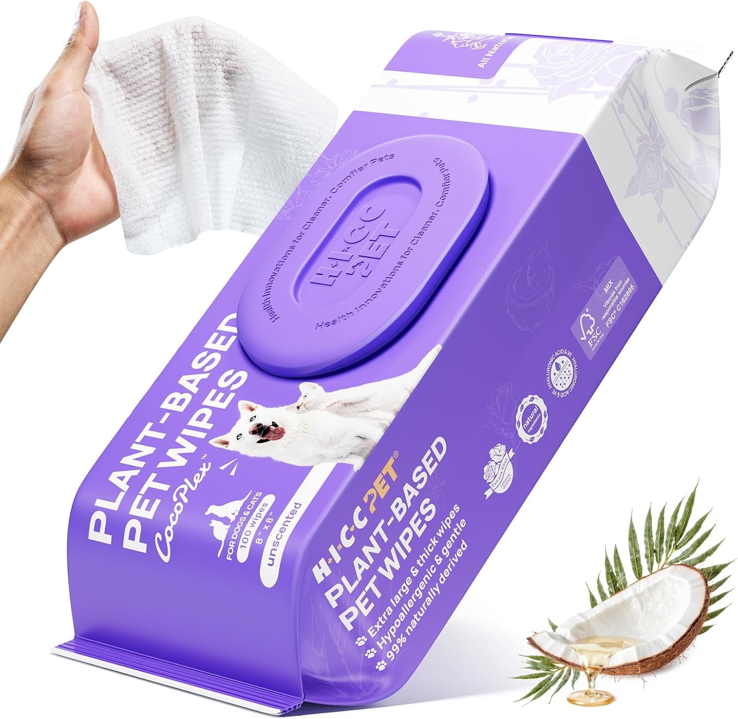 hicc-pet-pet-cleaning-wipes-for-dogs-cats-paws-coat-100-count-pearl-textured-with-fermented-coconut-oil-and-damask-rose-for-face-and-rear-end-cleaning-after-walks-or-between-baths