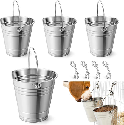 Mumufy 4 Set 2 Quart Stainless Steel Flat Side Bucket Durable Water Pails with Double Ended Snaps Small Metal Bucket Flat Back Water Pails for Dogs Cats Kennels Cages Fences Pet Container1